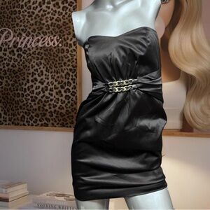 BCBG Y2K Black Strapless Satin Black Gold-Chain-Detail Dress